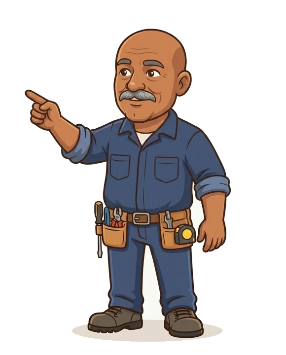 Hank, the illustrated Solar Hank character, pointing at the calculator