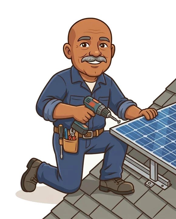 Hank, the illustrated Solar Hank character, fastening a solar panel on a roof