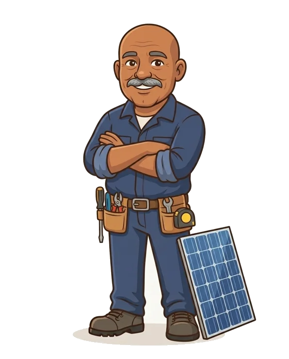 Hank, the illustrated Solar Hank character, standing next to a solar panel
